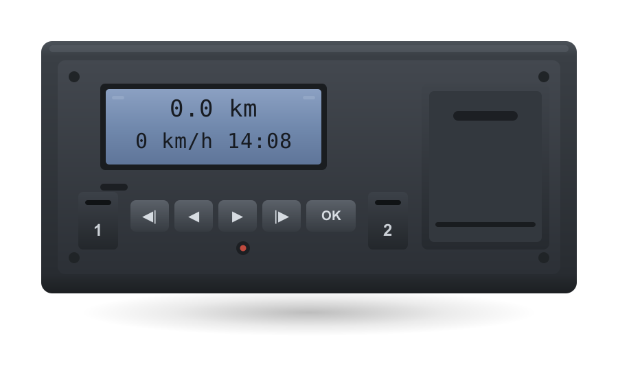 Digital tachograph vehicle unit with driver card slots and printer